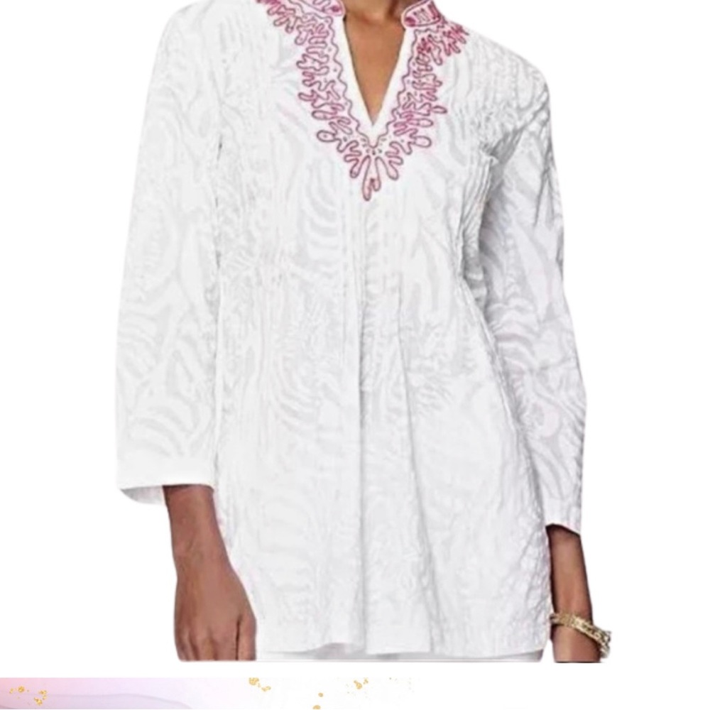 Lilly Pulitzer Sarasota Tunic Top Medium White Pink Sequin Embroidered In Game